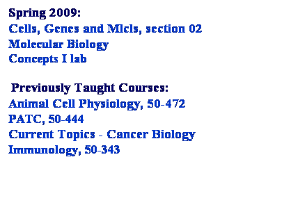 Text Box: Spring 2009:
Cells, Genes and Mlcls, section 02
Molecular Biology&nbsp;
Concepts I lab
&nbsp;
&nbsp;Previously Taught Courses:
Animal Cell Physiology, 50-472
PATC, 50-444
Current Topics - Cancer Biology&nbsp;
Immunology, 50-343
&nbsp;
