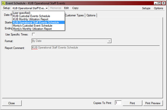 EMS event schedule dropdown menu.