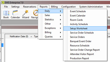 EMS setup worksheet menu.